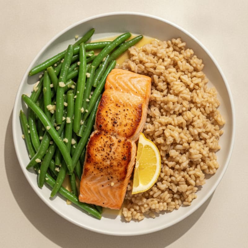 Seared Salmon with Garlic Green Beans and Brown Rice