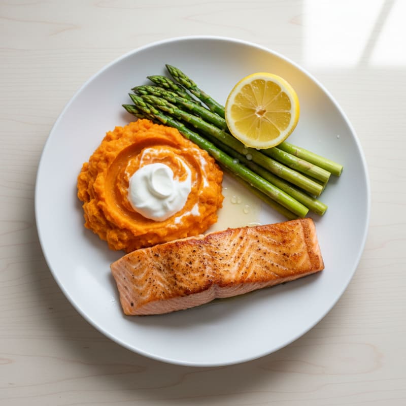 Seared Salmon with Steamed Asparagus and Sweet Potato Mash