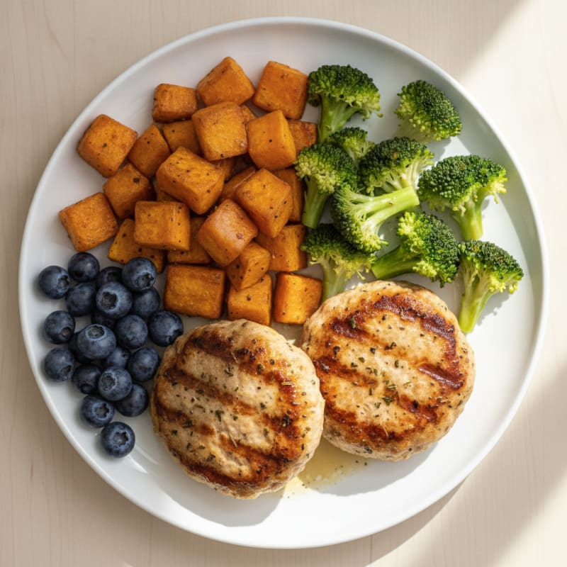 Seared Turkey Patties with Roasted Sweet Potato and Steamed Broccoli