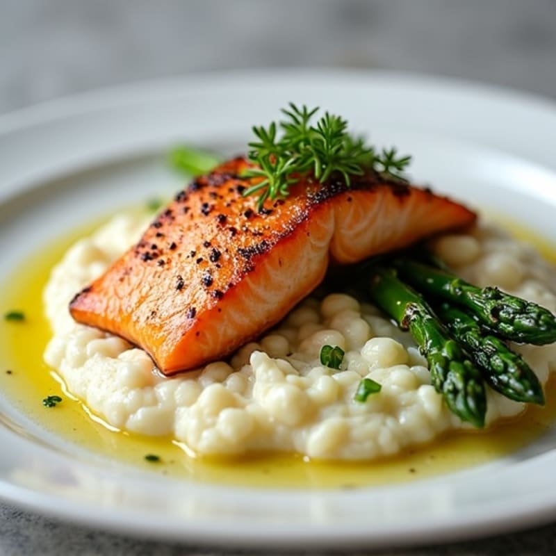 Seared Salmon with Steamed Asparagus and Cauliflower Mash