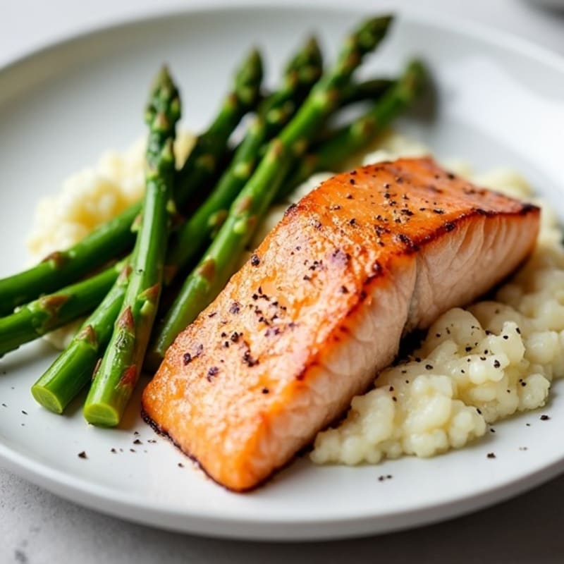 Seared Salmon with Steamed Asparagus and Cauliflower Mash