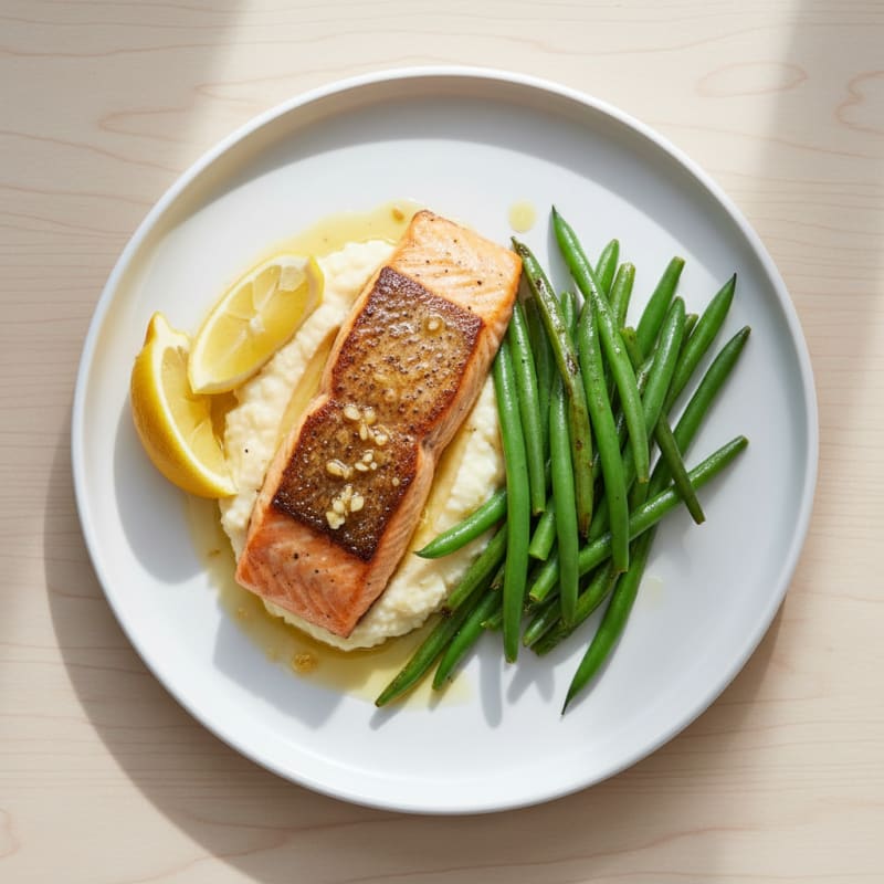 Seared Salmon Fillet with Steamed Green Beans and Cauliflower Mash