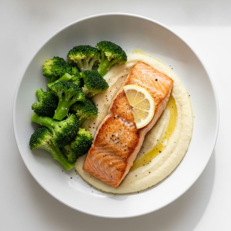 Seared Salmon with Steamed Broccoli and Cauliflower Mash