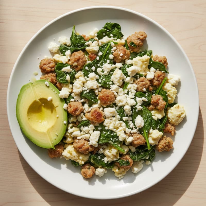 Egg White and Turkey Sausage Scramble with Spinach and Feta
