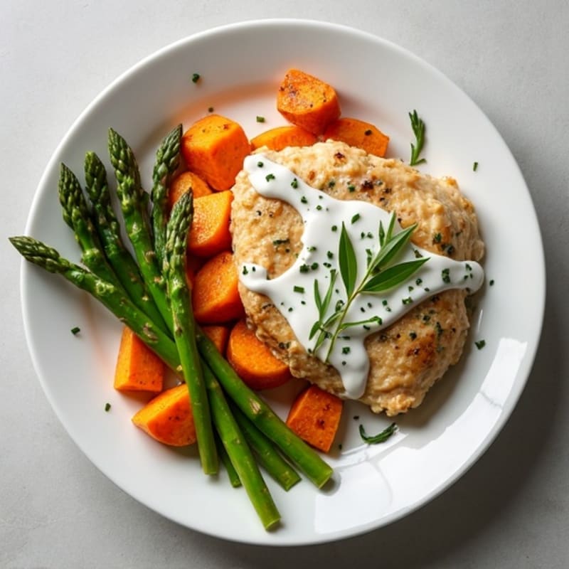 Creamy Herb Chicken with Roasted Sweet Potatoes and Asparagus