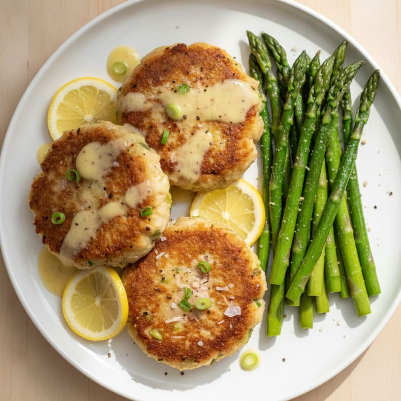 Pan-Seared Tuna Patties with Roasted Asparagus