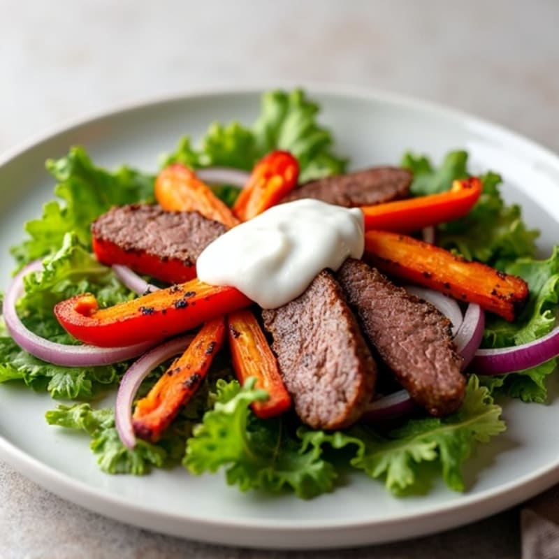 Grilled Beef and Roasted Vegetable Salad with Yogurt Dressing