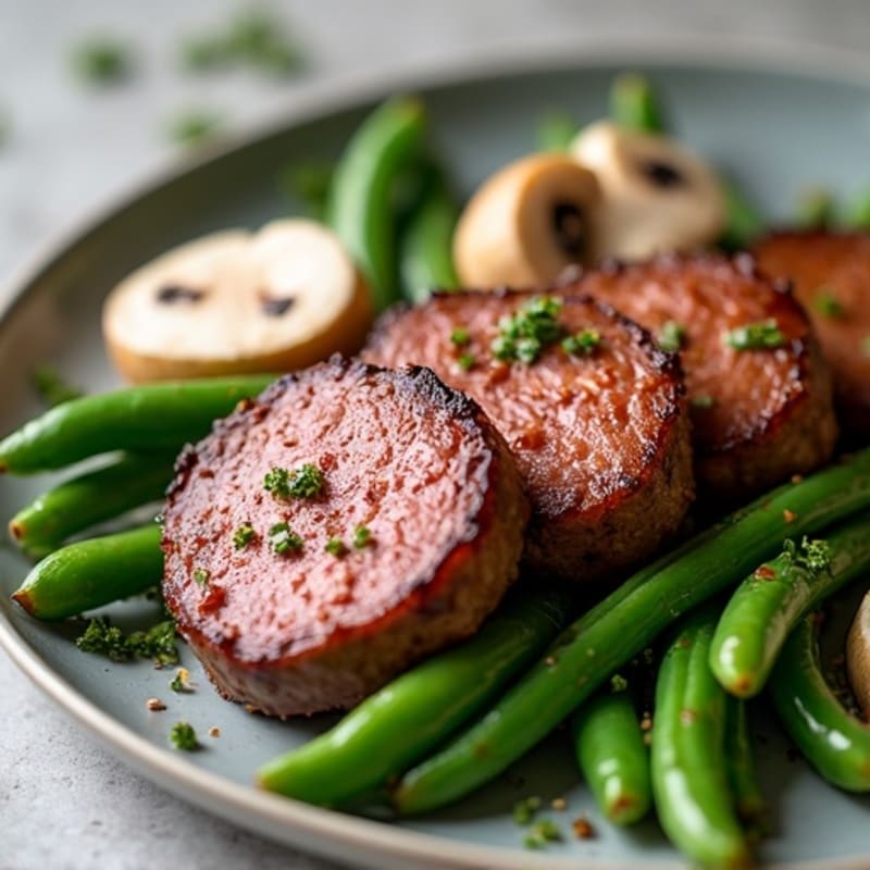Seared Lean Beef Medallions with Steamed Green Beans and Garlic Mushrooms