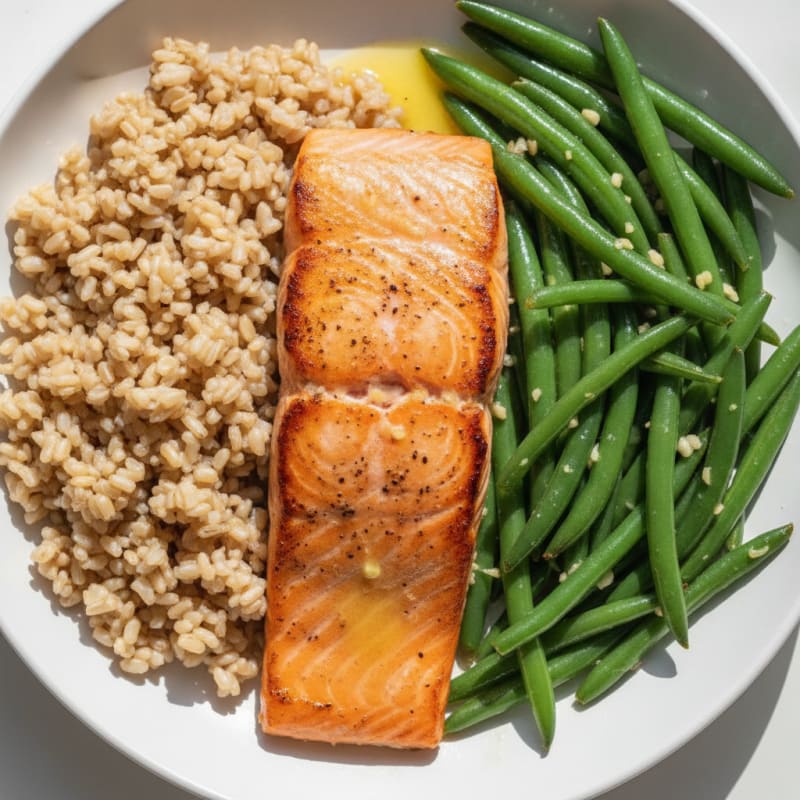 Seared Salmon with Garlic Green Beans and Brown Rice