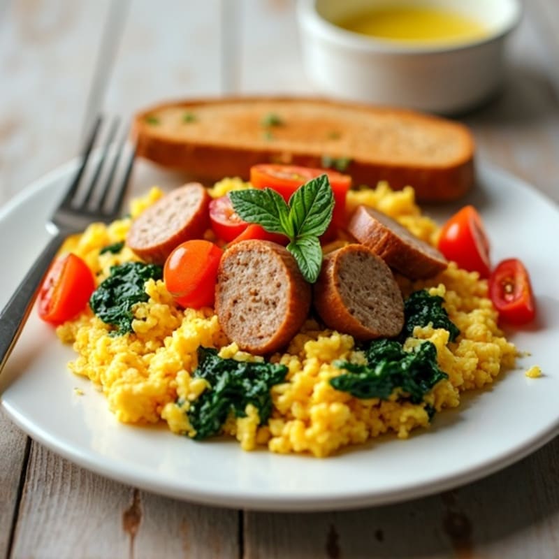 Egg White and Turkey Sausage Scramble with Spinach and Tomatoes