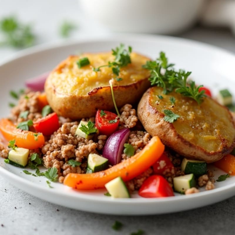 Crispy Baked Potatoes with Lean Ground Turkey and Roasted Vegetables