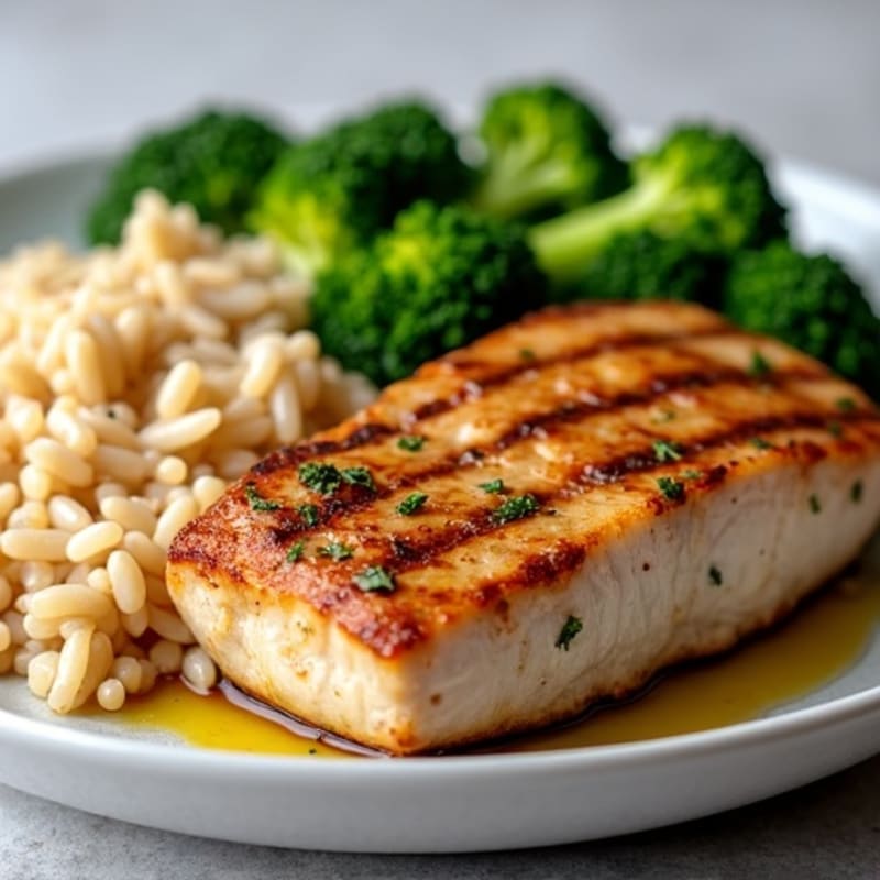 Grilled Tuna Steak with Brown Rice and Steamed Broccoli