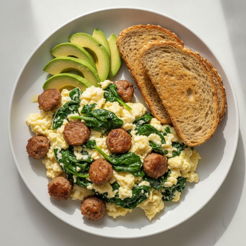 Egg White Spinach Scramble with Turkey Sausage