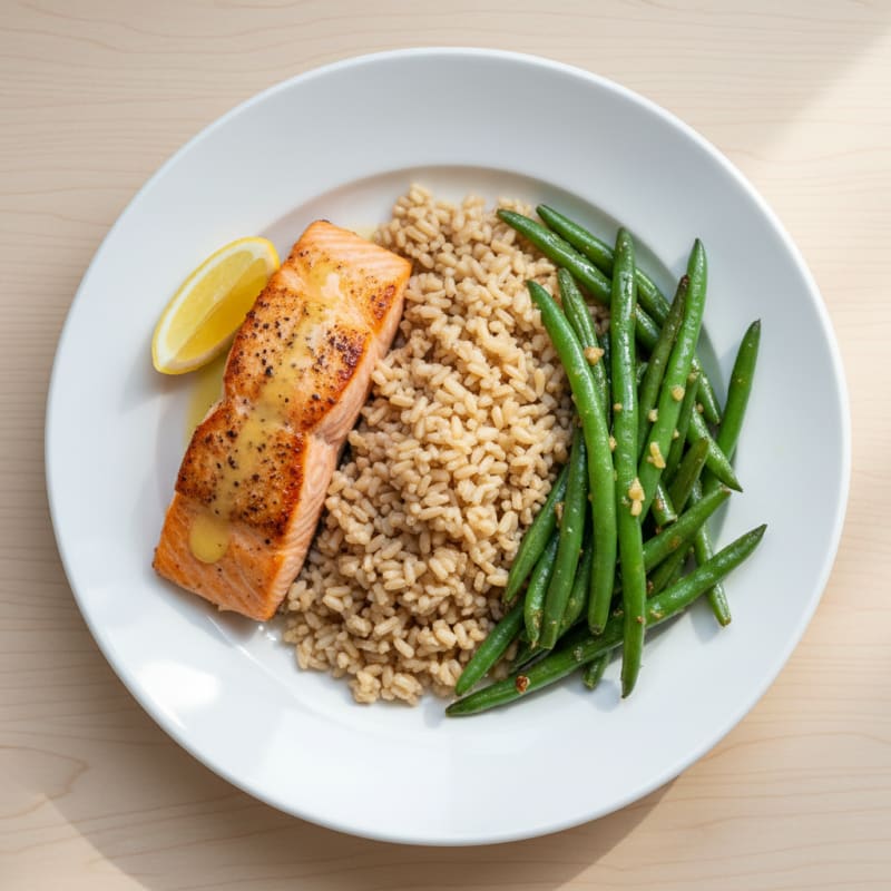 Seared Salmon with Lemon-Garlic Green Beans and Brown Rice