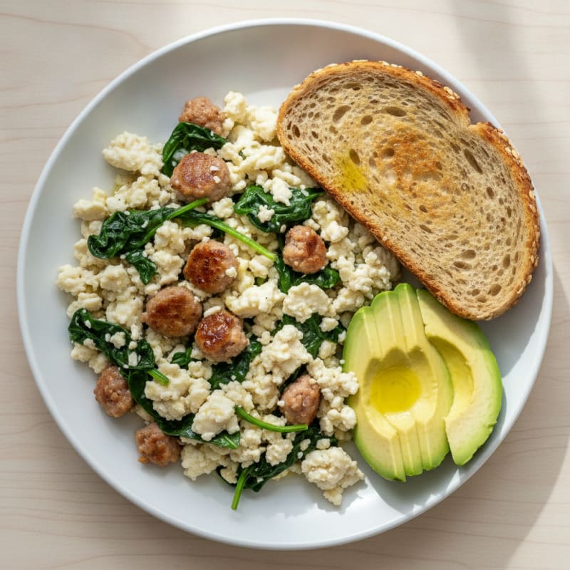 Egg White Scramble with Turkey Sausage and Sautéed Spinach