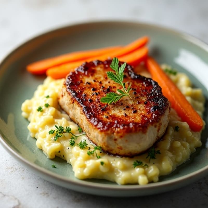 Crispy Pan-Seared Pork Chops with Creamy Zucchini Potato Mash and Steamed Carrots