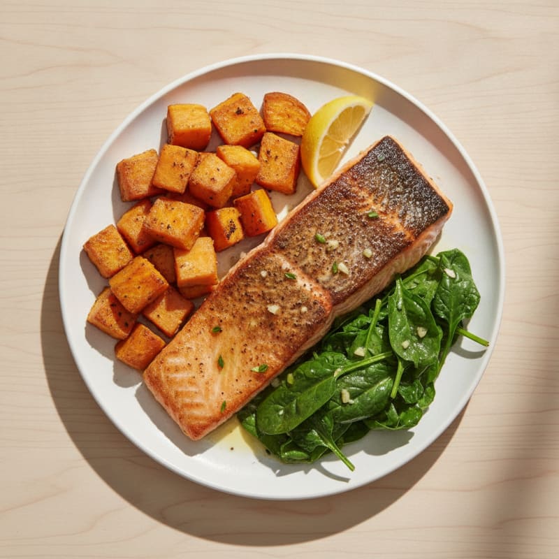 Pan-Seared Salmon with Roasted Sweet Potatoes and Sautéed Spinach