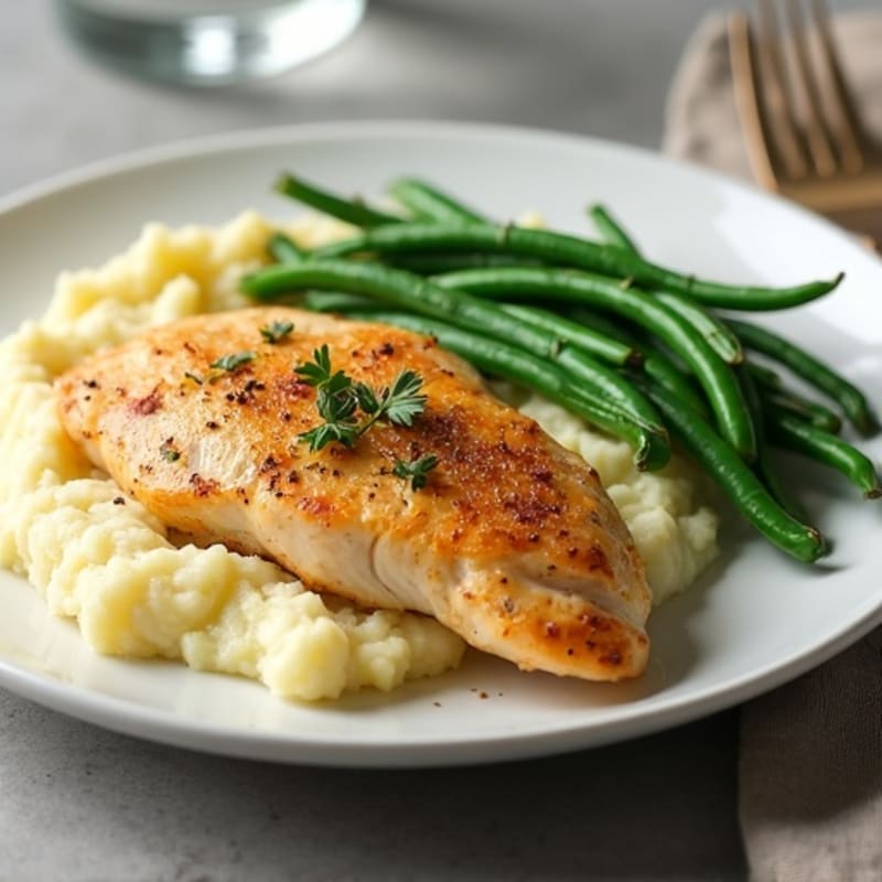 Pan-Seared Garlic Chicken with Creamy Buttery Mashed Potatoes and Roasted Green Beans