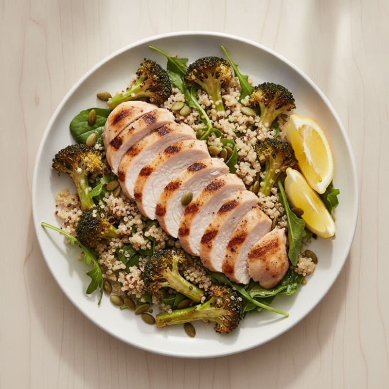 Grilled Turkey Breast Salad with Quinoa and Roasted Broccoli