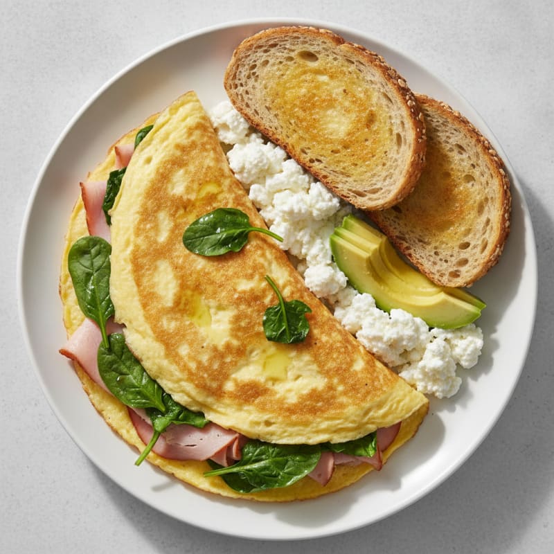 Egg White Spinach Omelette with Cottage Cheese and Smoked Turkey