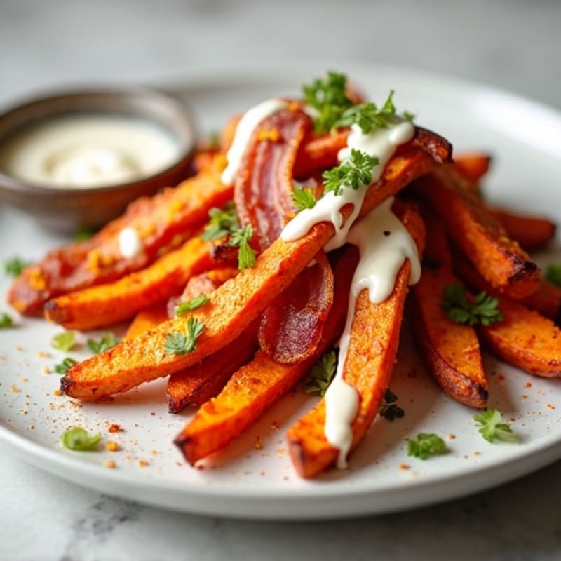 Crispy Roasted Sweet Potato Fries with Smoky Turkey Bacon and Cheesy Drizzle