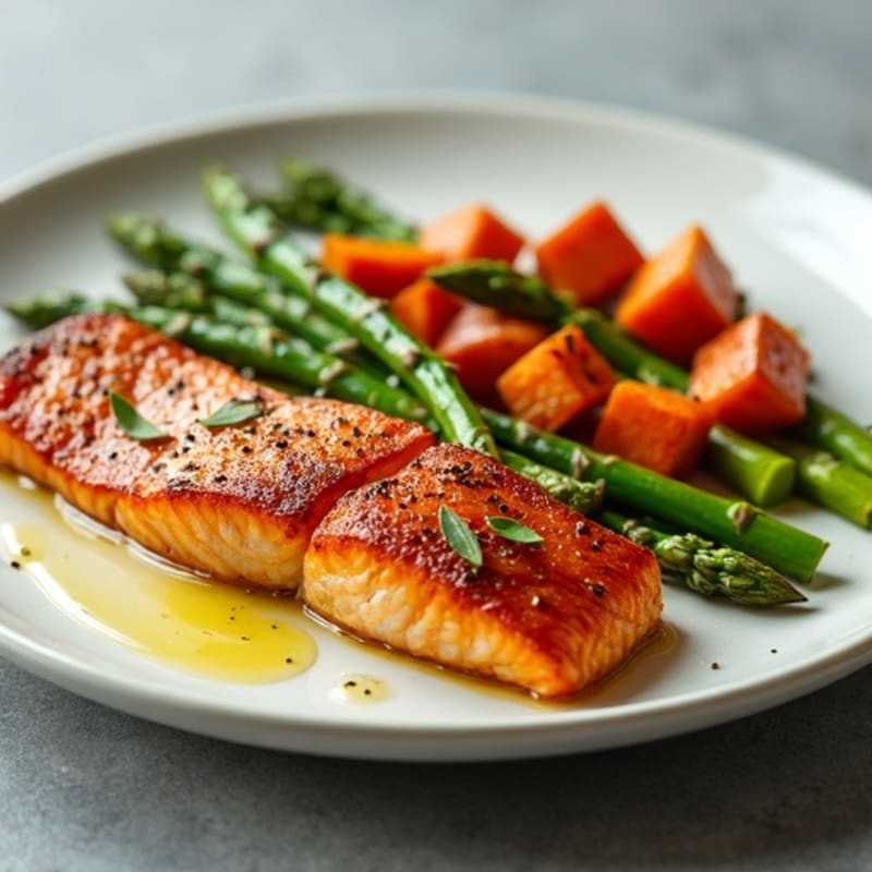 Seared Salmon Fillet with Roasted Sweet Potato and Asparagus