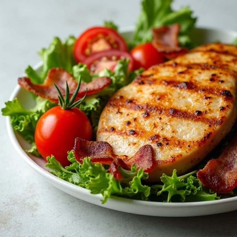 Crispy Turkey Bacon and Grilled Chicken Salad with Fresh Greens and Ripe Tomatoes