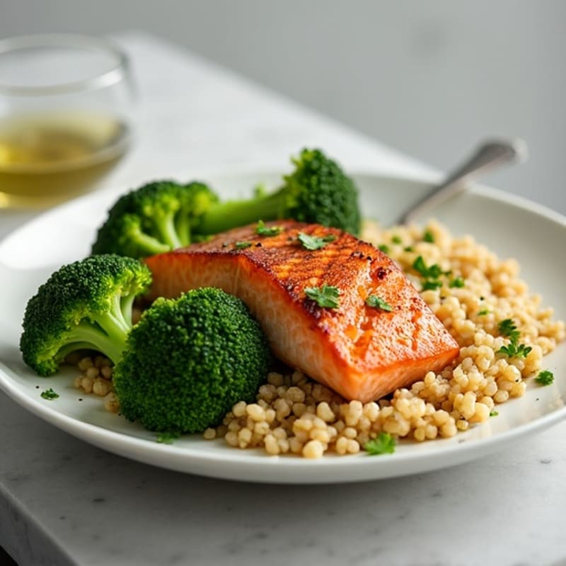 Seared Salmon Fillet with Steamed Broccoli and Quinoa