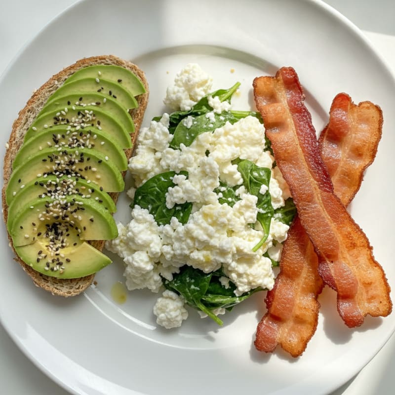 Cottage Cheese Egg White Scramble with Spinach and Turkey Bacon