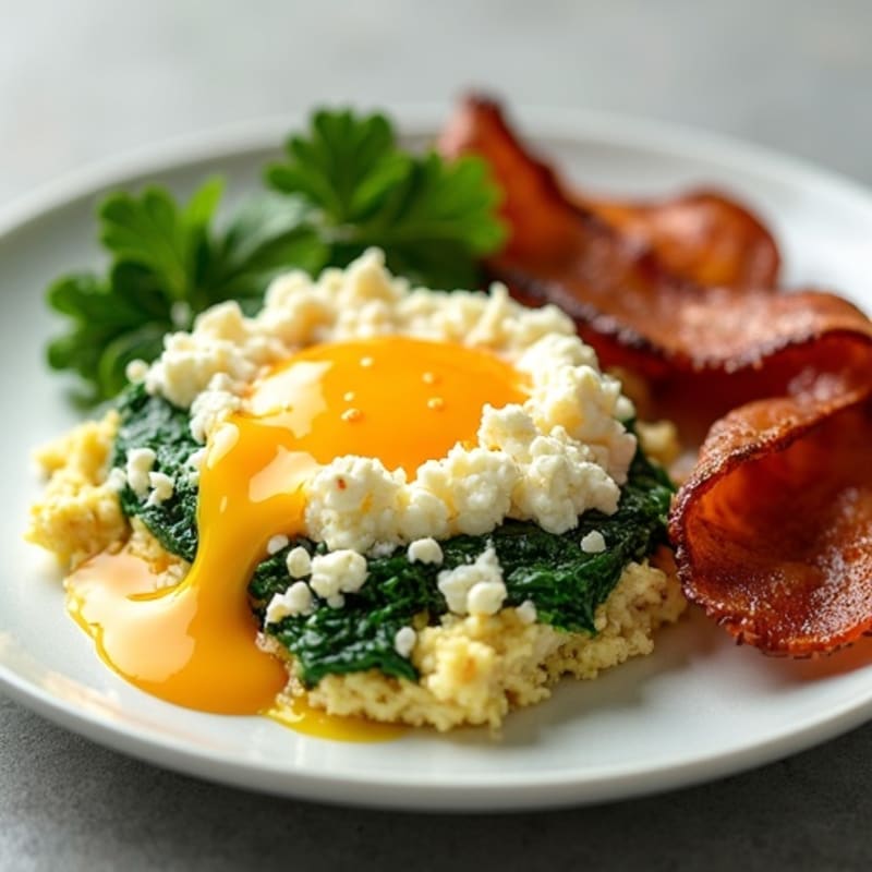 Fluffy Cottage Cheese Egg Scramble with Sautéed Spinach and Turkey Bacon