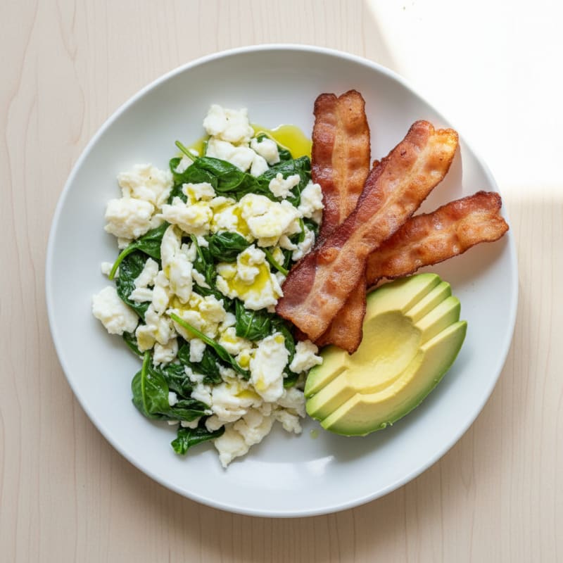 Scrambled Egg Whites with Sautéed Spinach and Turkey Bacon