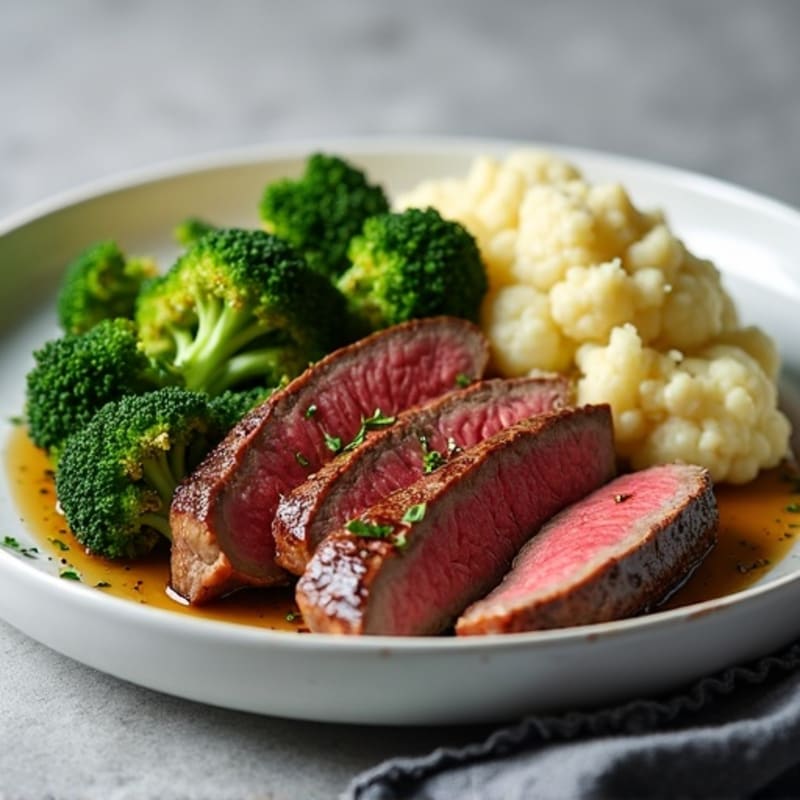 Seared Lean Beef with Roasted Broccoli and Garlic Mashed Cauliflower