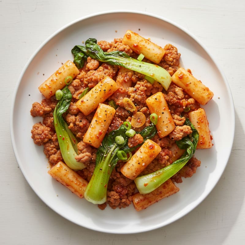 Chewy Gochujang Rice Cakes with Crispy Pork
