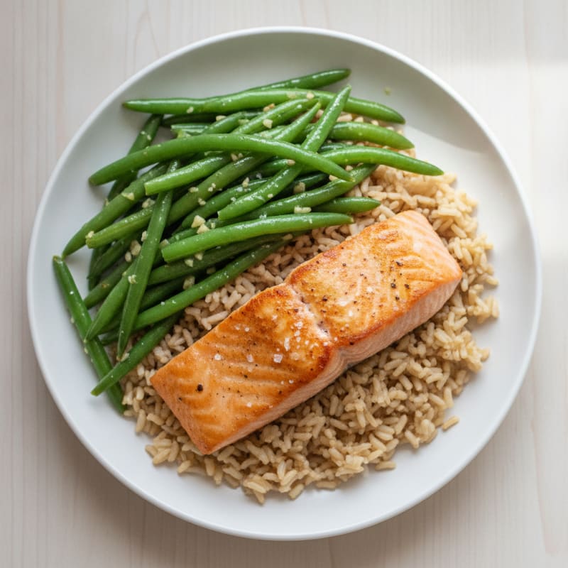 Seared Salmon with Garlic Green Beans and Brown Rice