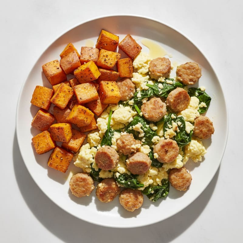 Crispy Turkey Sausage Egg White Scramble with Roasted Sweet Potatoes