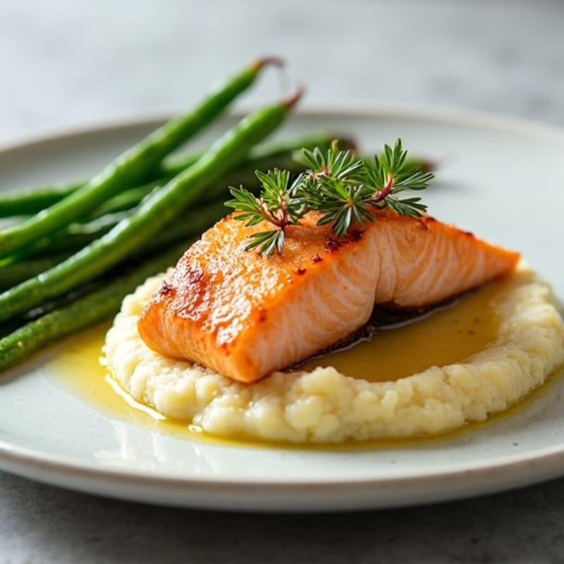 Seared Salmon with Steamed Green Beans and Cauliflower Mash