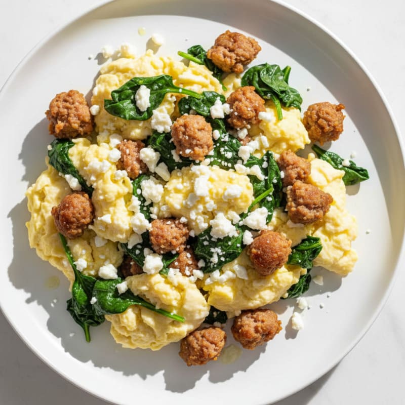 Egg White Scramble with Turkey Sausage and Sautéed Spinach
