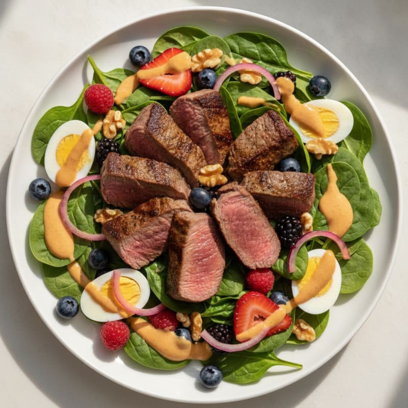 Grilled Venison Steak with Mixed Berry Spinach Salad