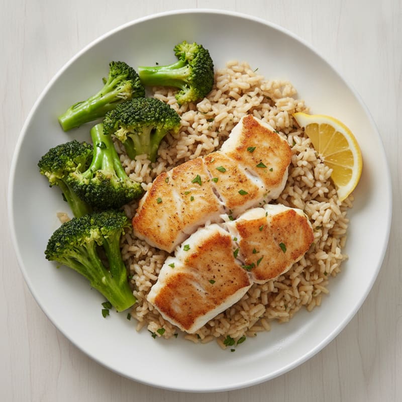 Seared Cod with Steamed Broccoli and Garlic Herb Brown Rice