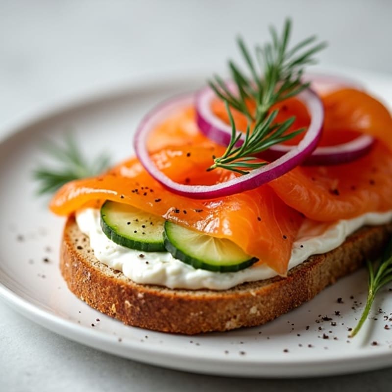 Smoked Salmon and Creamy Dill Ricotta Toast with Crispy Cucumber and Red Onion