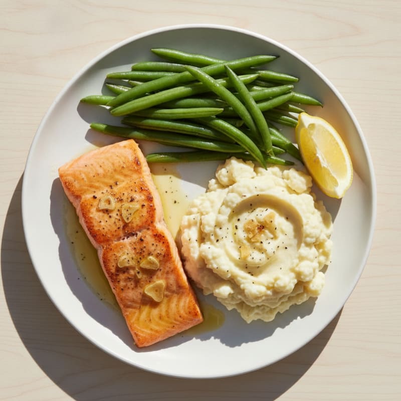 Seared Salmon with Steamed Green Beans and Garlic Mashed Cauliflower
