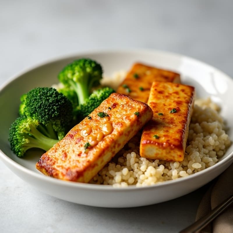 Crispy Peanut Tofu with Roasted Broccoli and Fluffy Quinoa