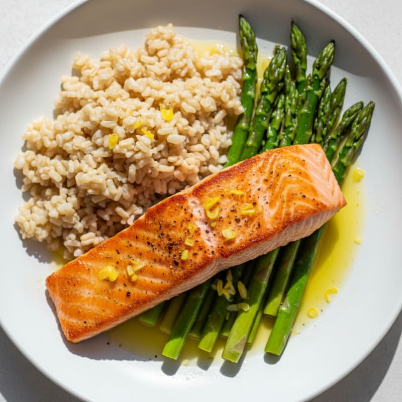 Seared Salmon with Steamed Asparagus and Brown Rice