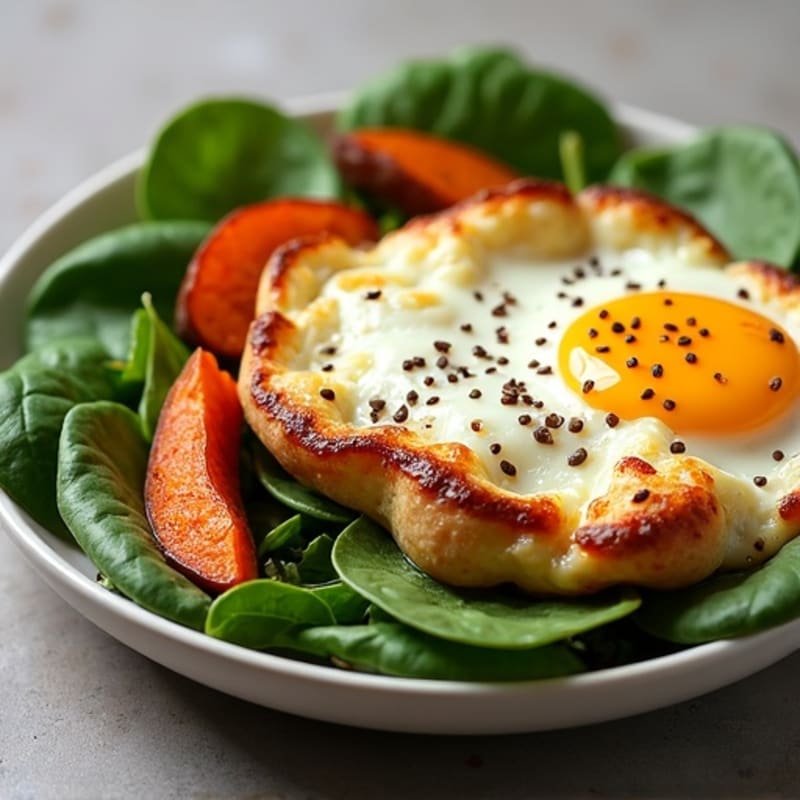 Crispy Baked Eggs with Roasted Sweet Potatoes and Savory Greens
