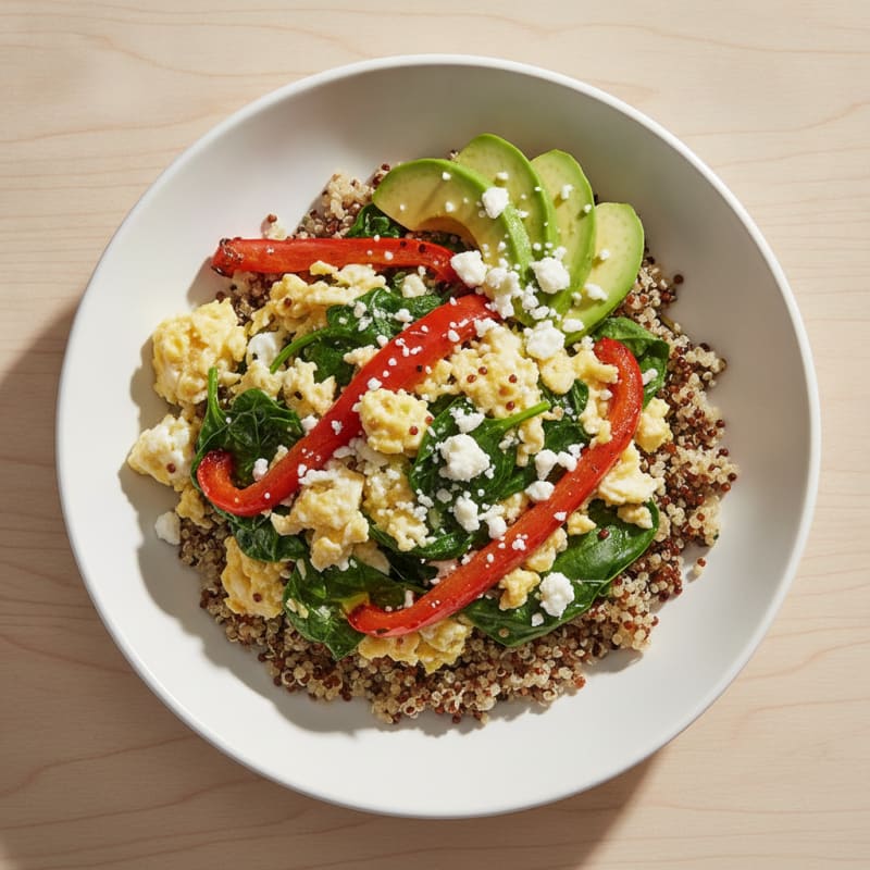 Egg White and Spinach Scramble with Quinoa and Roasted Peppers