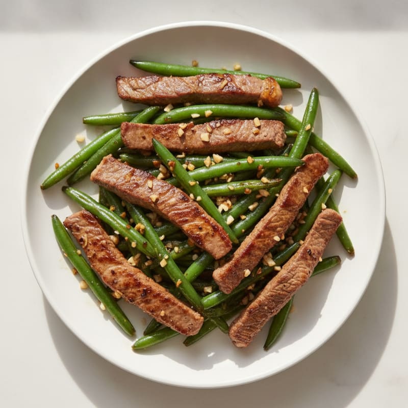 Seared Lean Beef Strips with Garlic Green Beans