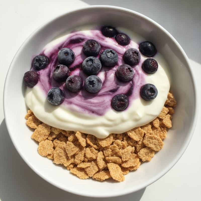 High Protein Vanilla Yoghurt Parfait with Weetabix and Blueberries