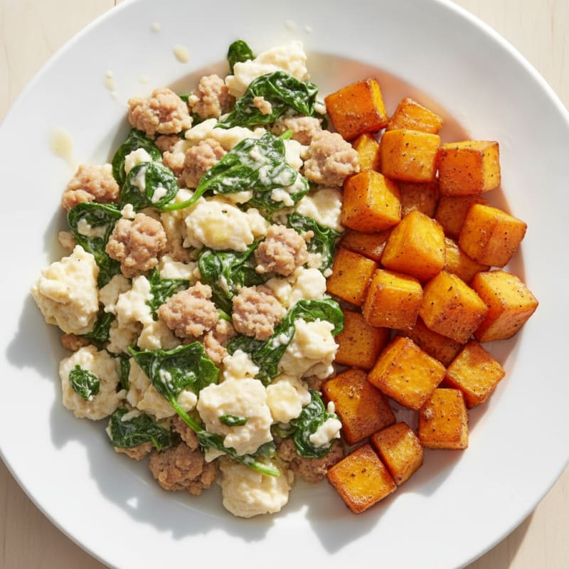 Egg White and Turkey Sausage Scramble with Spinach and Roasted Sweet Potatoes