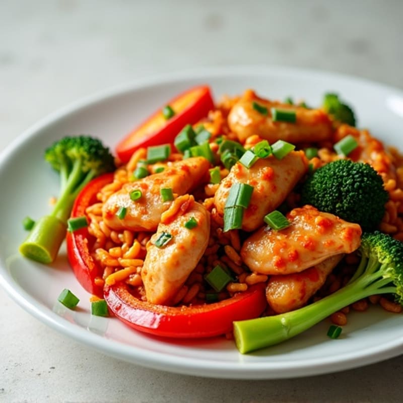 Spicy Kimchi Chicken Stir-Fry with Crispy Vegetables
