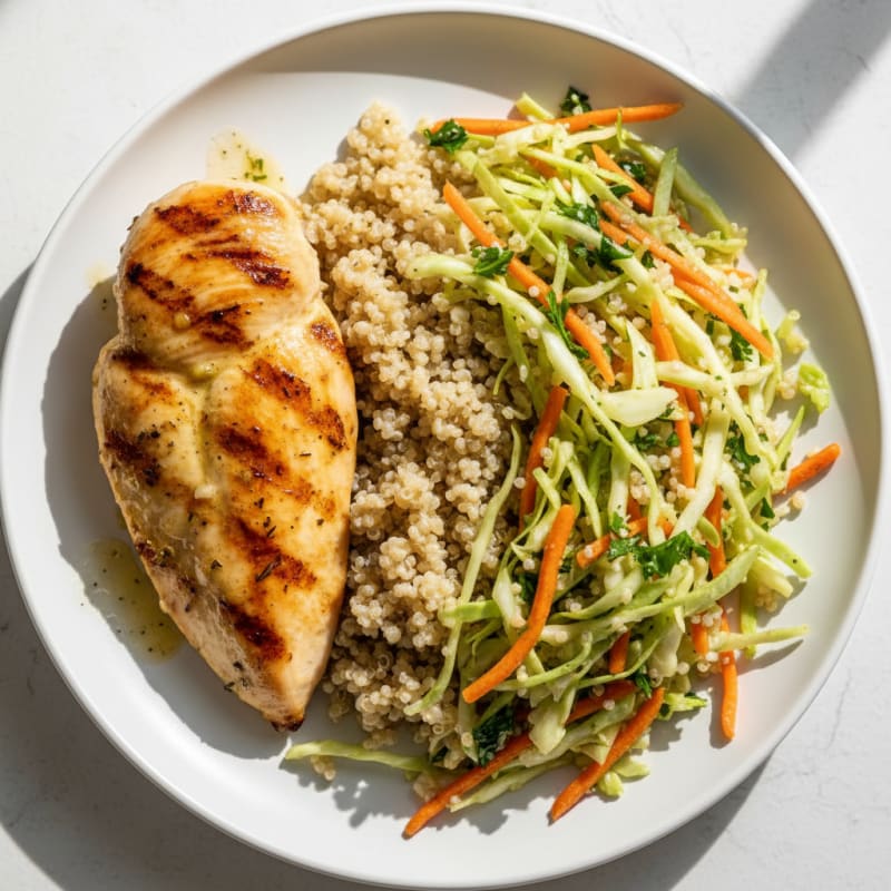 Grilled Chicken Breast with Crunchy Cabbage Slaw and Quinoa